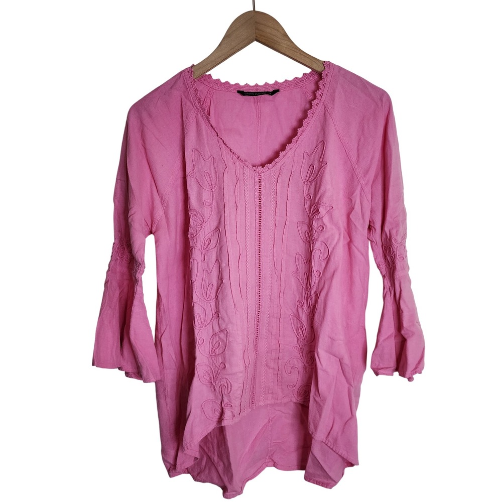 Gretty Zueger‎ Blouse Womens Small Pink Embroidered Bell Sleeve Cotton Top